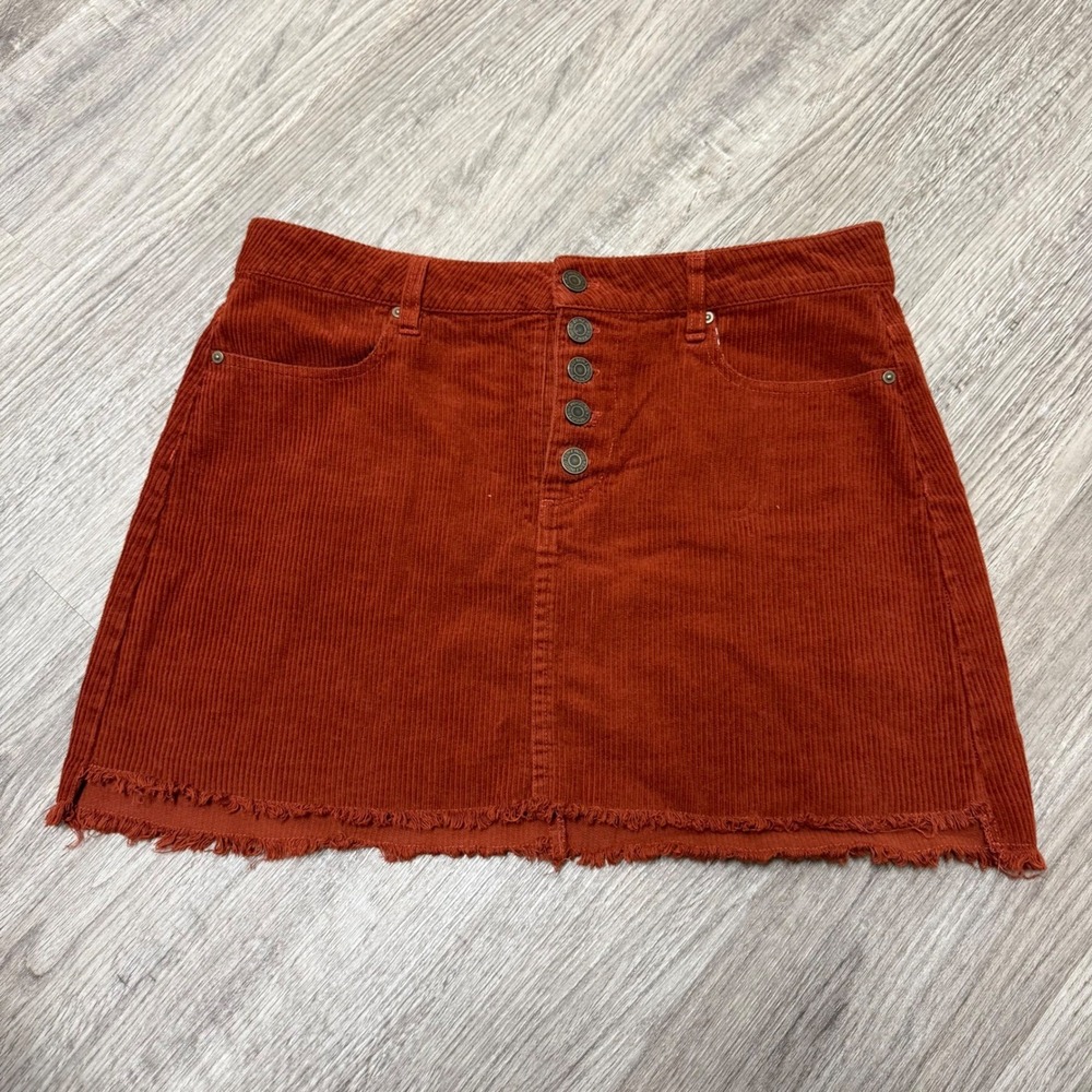 Indigo Rein Rust Orange Corduroy Button Fly Mini Skirt Womens Size 9/28 Raw Hem